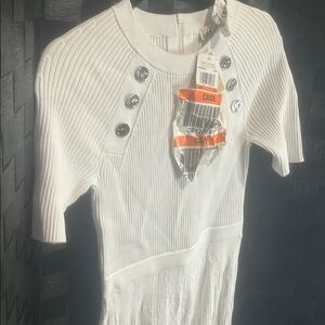 Michael Kors White Ribbed Short-Sleeve Dress with Embellished Buttons